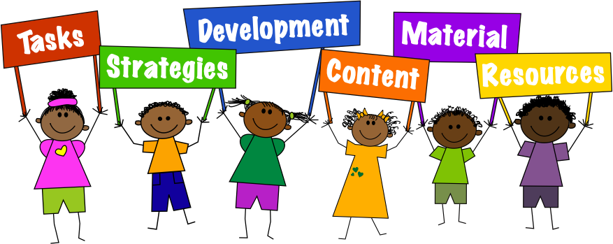 kids holding banners that display teacher training focus fields